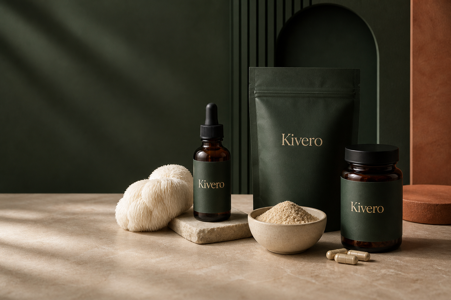 Kivero Lion’s Mane liquid extract, powder and capsule formats