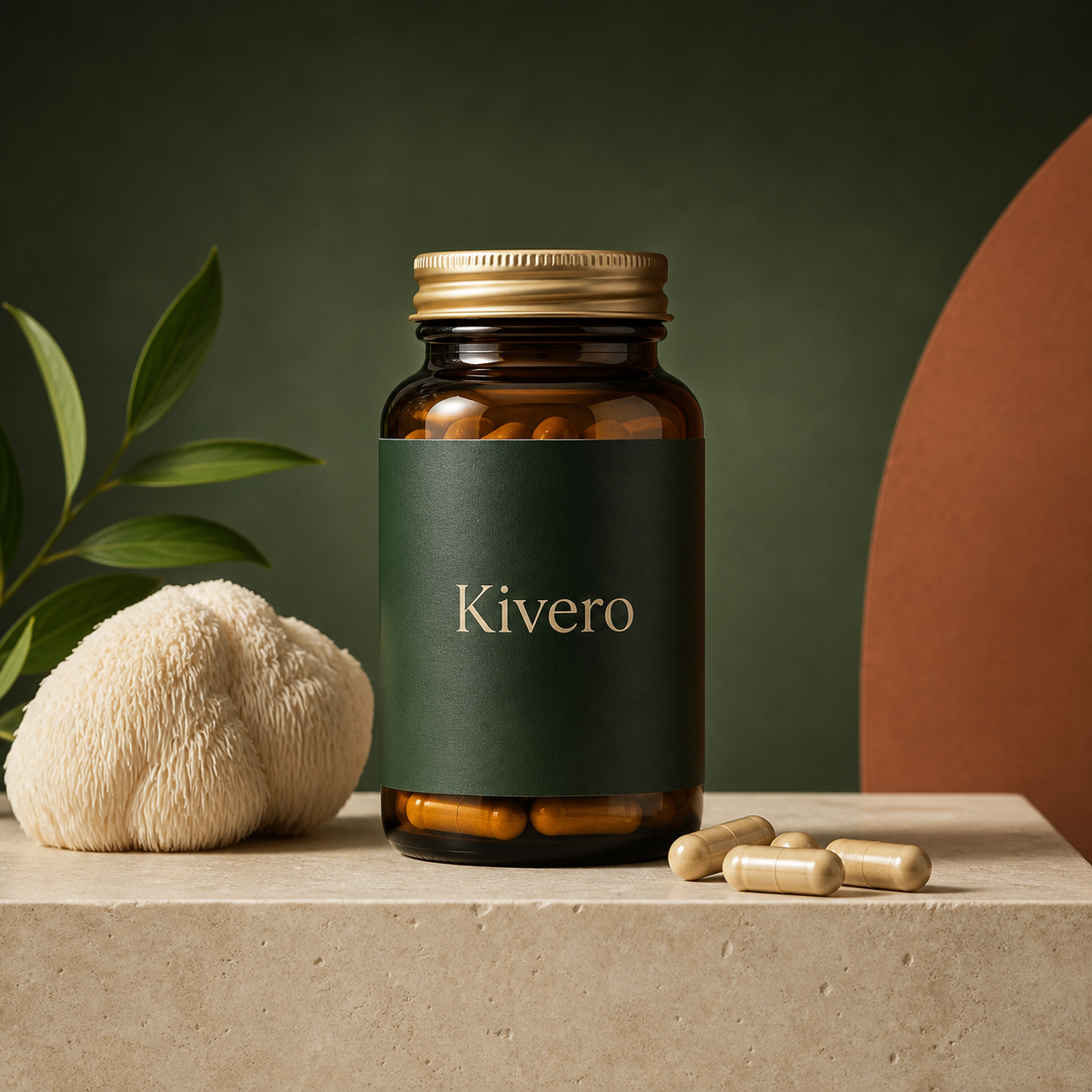 Kivero Lion’s Mane capsules in a premium amber jar
