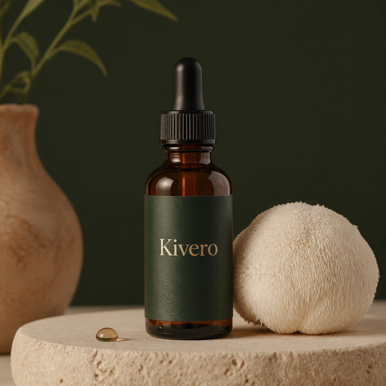 Kivero Lion’s Mane liquid extract in an amber dropper bottle