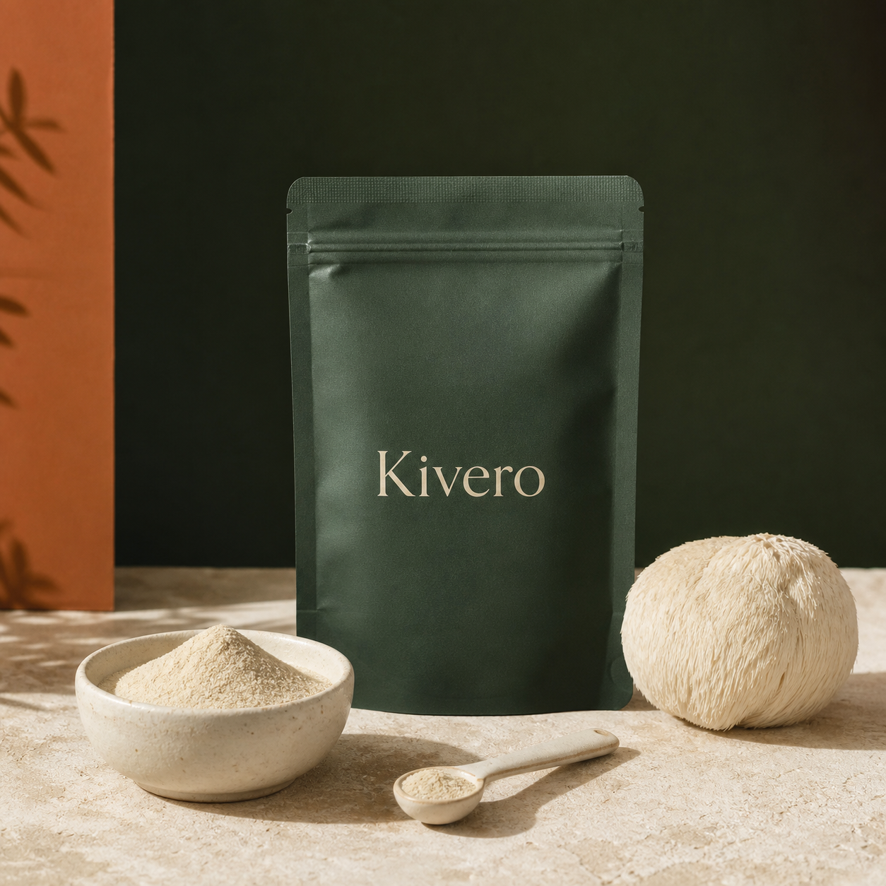 Kivero Lion’s Mane powder pouch with powder in a ceramic bowl